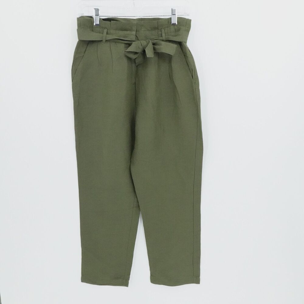 Green Linen Blend Wide Leg Pants Loose Pleated Paperbag Cropped Office Womens 26